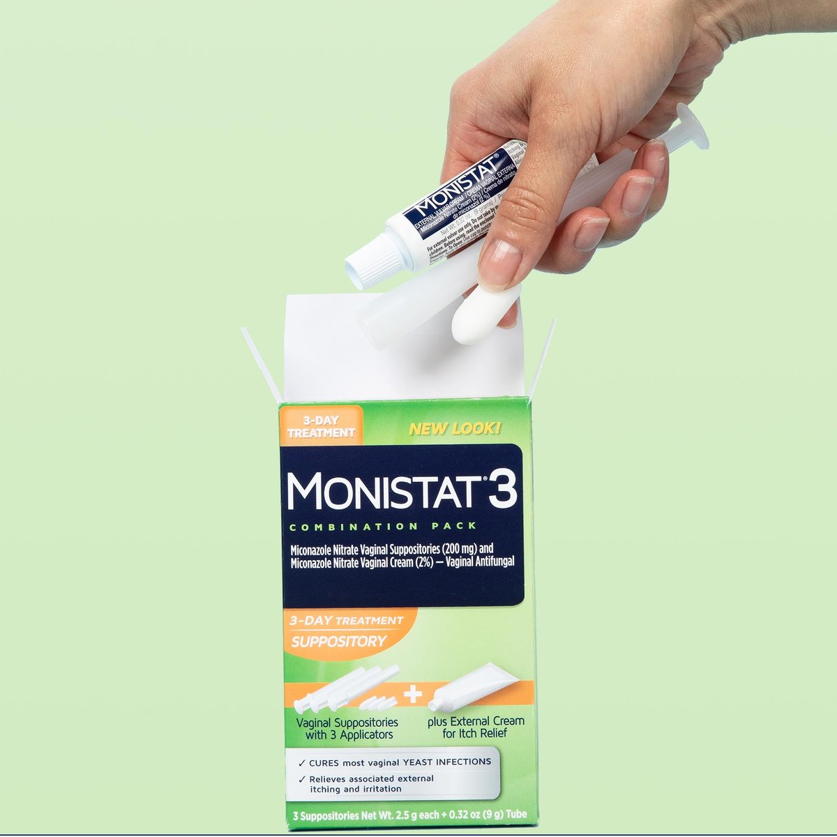 Monistat 3-Tage Vaginalcreme & Zäpfchen gegen Scheidenpilz, 3 Miconazol-Zäpfchen & äußerliche Juckreiz-Linderungscreme (9g Tube) Kombipackung
