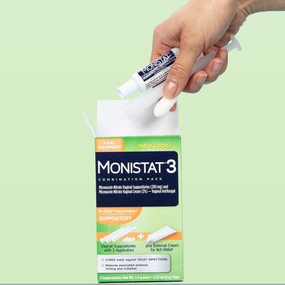 Monistat 3-Tage Vaginalcreme & Zäpfchen gegen Scheidenpilz, 3 Miconazol-Zäpfchen & äußerliche Juckreiz-Linderungscreme (9g Tube) Kombipackung