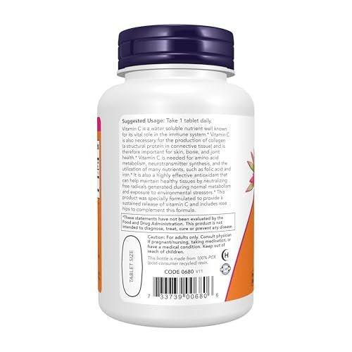 NOW Foods Vitamin C-1.000 mit Hagebutte, Zeitversetzte Freisetzung, Antioxidantien-Schutz, 100 Tabletten