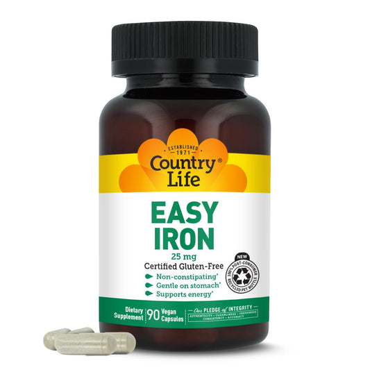 Country Life Easy Iron 25 mg | Sanftes, nicht verstopfendes Eisenpräparat | Unterstützt Energie & rote Blutkörperchen | Zertifiziert glutenfrei & vegan | 90 vegane Kapseln