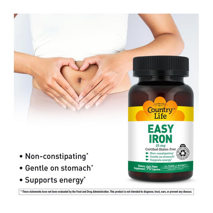 Country Life Easy Iron 25 mg | Sanftes, nicht verstopfendes Eisenpräparat | Unterstützt Energie & rote Blutkörperchen | Zertifiziert glutenfrei & vegan | 90 vegane Kapseln
