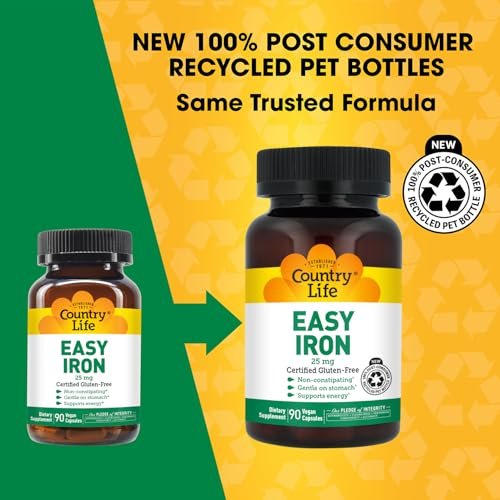 Country Life Easy Iron 25 mg | Sanftes, nicht verstopfendes Eisenpräparat | Unterstützt Energie & rote Blutkörperchen | Zertifiziert glutenfrei & vegan | 90 vegane Kapseln