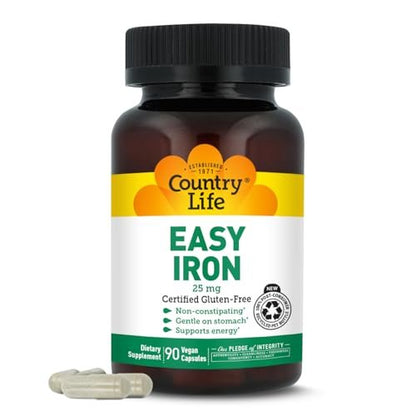 Country Life Easy Iron 25 mg | Sanftes, nicht verstopfendes Eisenpräparat | Unterstützt Energie & rote Blutkörperchen | Zertifiziert glutenfrei & vegan | 90 vegane Kapseln