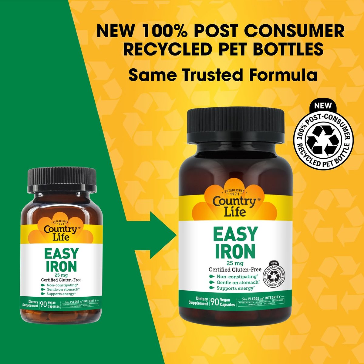 Country Life Easy Iron 25 mg | Sanftes, nicht verstopfendes Eisenpräparat | Unterstützt Energie & rote Blutkörperchen | Zertifiziert glutenfrei & vegan | 90 vegane Kapseln