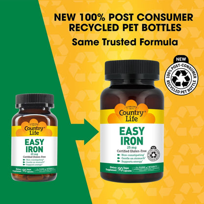 Country Life Easy Iron 25 mg | Sanftes, nicht verstopfendes Eisenpräparat | Unterstützt Energie & rote Blutkörperchen | Zertifiziert glutenfrei & vegan | 90 vegane Kapseln