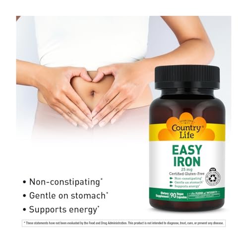 Country Life Easy Iron 25 mg | Sanftes, nicht verstopfendes Eisenpräparat | Unterstützt Energie & rote Blutkörperchen | Zertifiziert glutenfrei & vegan | 90 vegane Kapseln