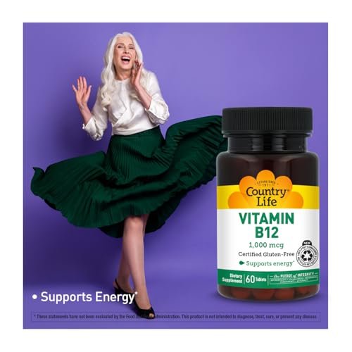 Country Life Vitamin B12 1000 mcg – Vegane Tabletten für Gehirnfunktion, Nervengesundheit & Blutbildung – Glutenfrei, 60 Tabletten