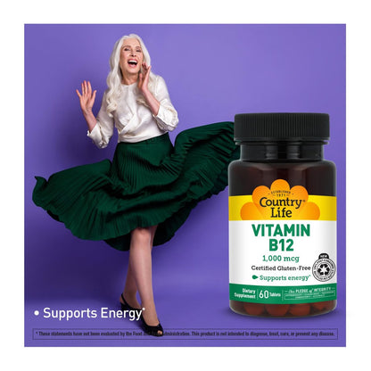 Country Life Vitamin B12 1000 mcg – Vegane Tabletten für Gehirnfunktion, Nervengesundheit & Blutbildung – Glutenfrei, 60 Tabletten