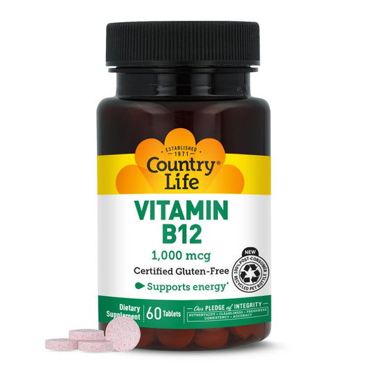 Country Life Vitamin B12 1000 mcg – Vegane Tabletten für Gehirnfunktion, Nervengesundheit & Blutbildung – Glutenfrei, 60 Tabletten