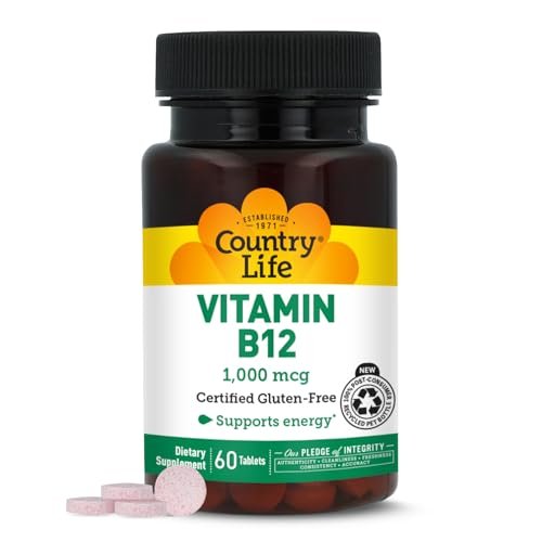 Country Life Vitamin B12 1000 mcg – Vegane Tabletten für Gehirnfunktion, Nervengesundheit & Blutbildung – Glutenfrei, 60 Tabletten