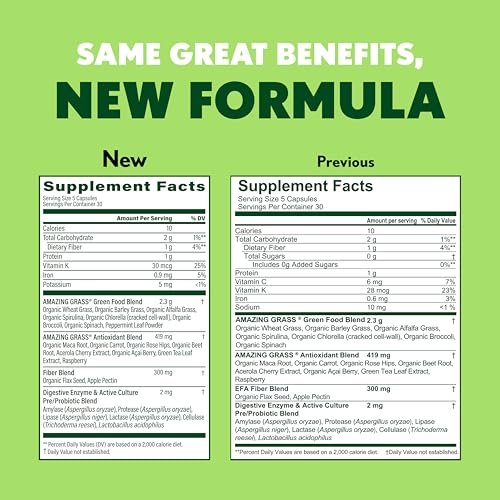 Amazing Grass Super Greens Kapseln – Superfood, Grünpulver-Kapseln mit Bio-Spirulina, Chlorella, Rote Bete, Verdauungsenzyme & Probiotika – 150 Kapseln (Verpackung kann variieren)