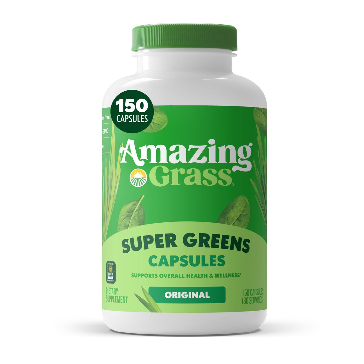 Amazing Grass Super Greens Kapseln – Superfood, Grünpulver-Kapseln mit Bio-Spirulina, Chlorella, Rote Bete, Verdauungsenzyme & Probiotika – 150 Kapseln (Verpackung kann variieren)