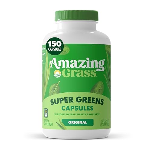Amazing Grass Super Greens Kapseln – Superfood, Grünpulver-Kapseln mit Bio-Spirulina, Chlorella, Rote Bete, Verdauungsenzyme & Probiotika – 150 Kapseln (Verpackung kann variieren)