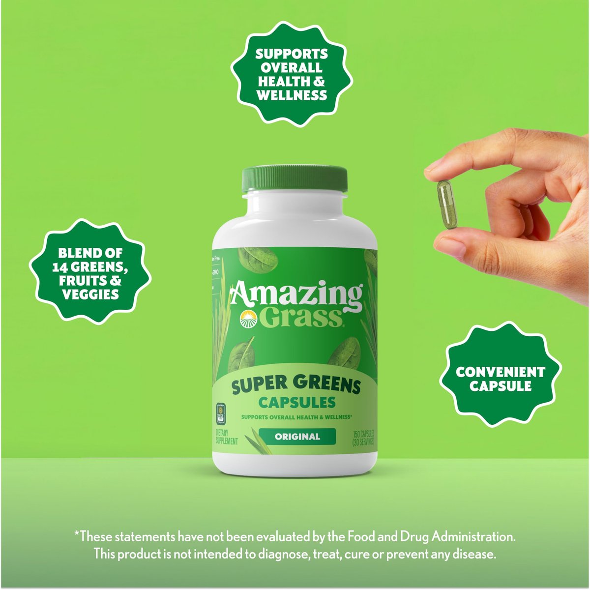 Amazing Grass Super Greens Kapseln – Superfood, Grünpulver-Kapseln mit Bio-Spirulina, Chlorella, Rote Bete, Verdauungsenzyme & Probiotika – 150 Kapseln (Verpackung kann variieren)