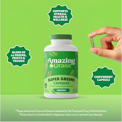 Amazing Grass Super Greens Kapseln – Superfood, Grünpulver-Kapseln mit Bio-Spirulina, Chlorella, Rote Bete, Verdauungsenzyme & Probiotika – 150 Kapseln (Verpackung kann variieren)