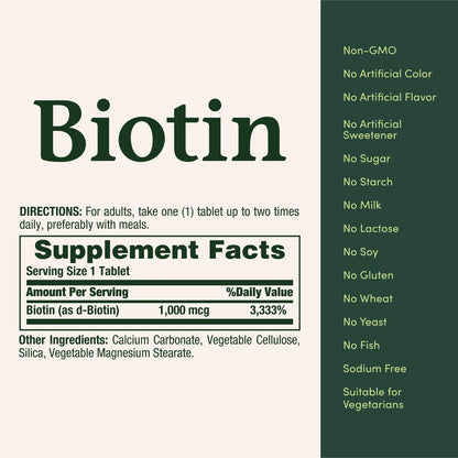 Nature's Bounty Biotin 1000 mcg – 100 Tabletten für gesundes Haar, Haut und Nägel sowie Energieunterstützung