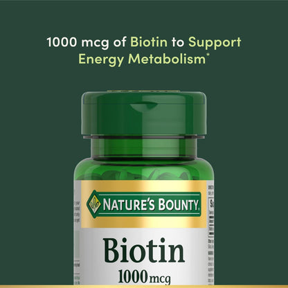 Nature's Bounty Biotin 1000 mcg – 100 Tabletten für gesundes Haar, Haut und Nägel sowie Energieunterstützung