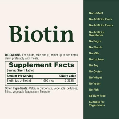 Nature's Bounty Biotin 1000 mcg – 100 Tabletten für gesundes Haar, Haut und Nägel sowie Energieunterstützung