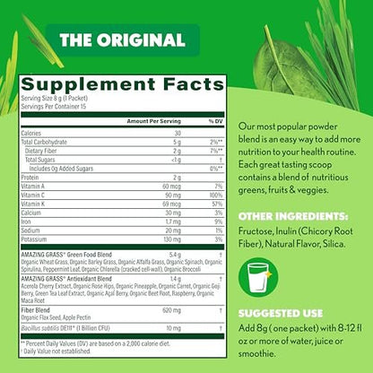 Amazing Grass Bio-Grünpulver Stick-Packs – Organisches Superfood-Pulver für die Verdauung, Probiotika, Spirulina, Rote Bete, Original, 15 Portionen, 4,2 Unzen