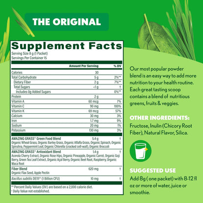 Amazing Grass Bio-Grünpulver Stick-Packs – Organisches Superfood-Pulver für die Verdauung, Probiotika, Spirulina, Rote Bete, Original, 15 Portionen, 4,2 Unzen