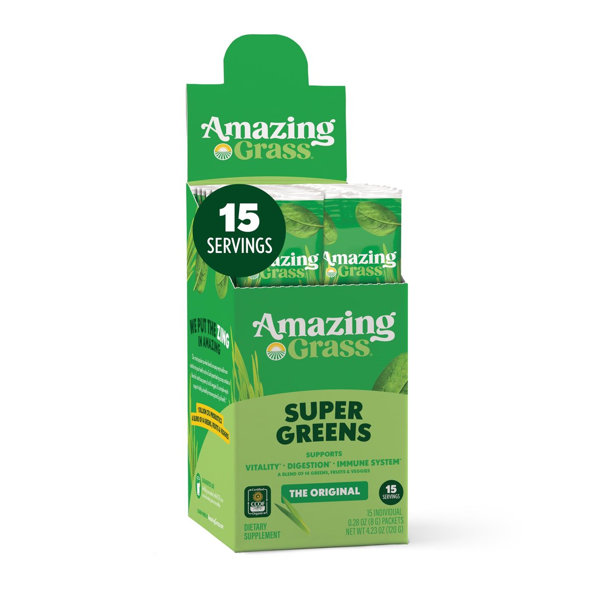 Amazing Grass Bio-Grünpulver Stick-Packs – Organisches Superfood-Pulver für die Verdauung, Probiotika, Spirulina, Rote Bete, Original, 15 Portionen, 4,2 Unzen