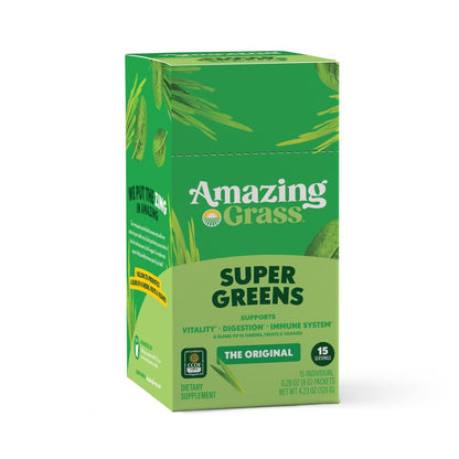 Amazing Grass Bio-Grünpulver Stick-Packs – Organisches Superfood-Pulver für die Verdauung, Probiotika, Spirulina, Rote Bete, Original, 15 Portionen, 4,2 Unzen