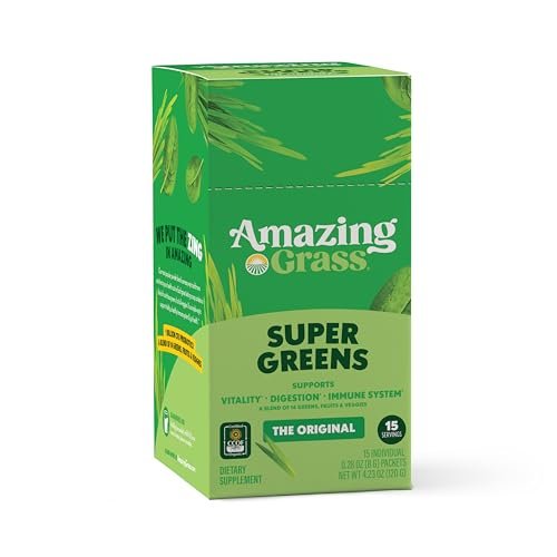 Amazing Grass Bio-Grünpulver Stick-Packs – Organisches Superfood-Pulver für die Verdauung, Probiotika, Spirulina, Rote Bete, Original, 15 Portionen, 4,2 Unzen