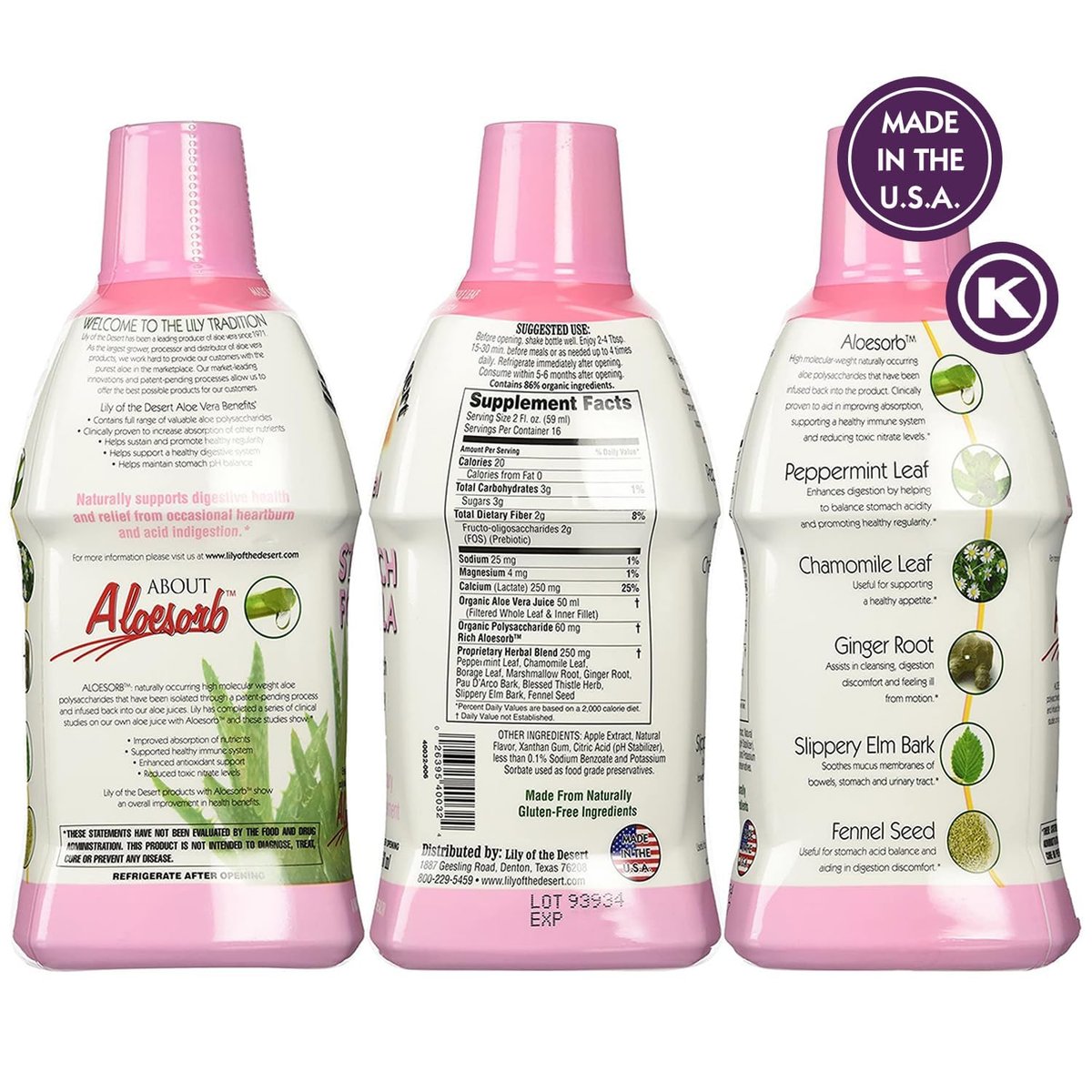 Lily of the Desert Magenformel, Bio Aloe Vera Saft mit Ulme, Kamille, Pfefferminze und Ingwer für die Darmgesundheit, Sodbrennen & saures Aufstoßen, 946 ml, inkl. Gelbeutel