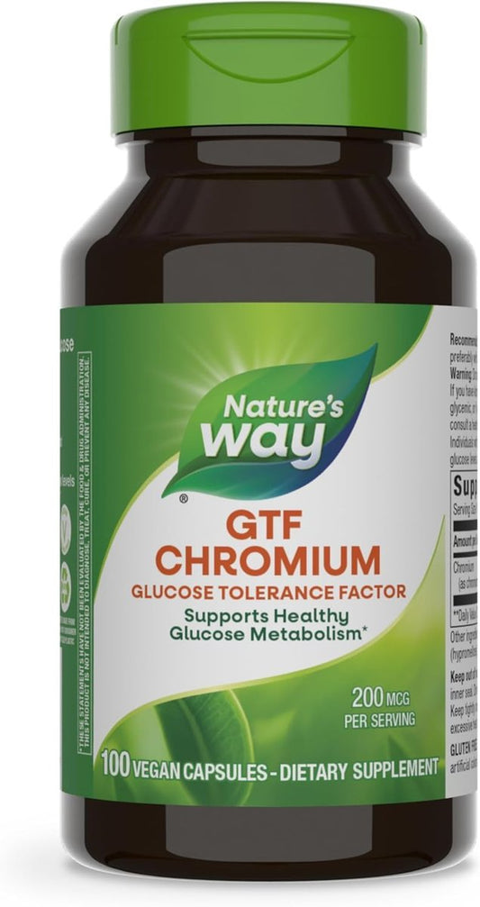 Nature's Way GTF Chromium, Glukosetoleranzfaktor, unterstützt gesunden Glukosestoffwechsel*, 200 mcg Chrom pro Portion, 100 vegane Kapseln (Verpackung kann variieren)