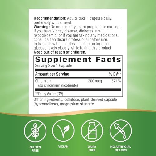 Nature's Way GTF Chromium, Glukosetoleranzfaktor, unterstützt gesunden Glukosestoffwechsel*, 200 mcg Chrom pro Portion, 100 vegane Kapseln (Verpackung kann variieren)