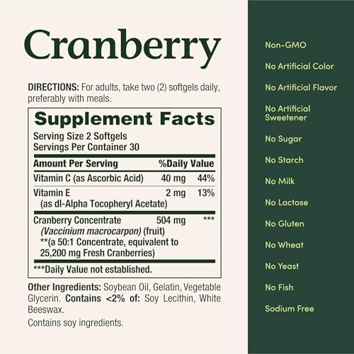 Cranberry Konzentrat mit Vitamin C von Nature's Bounty – Nahrungsergänzungsmittel für Harnwegs- und Immunsystem – 25200 mg, 60 Rapid Release Softgels