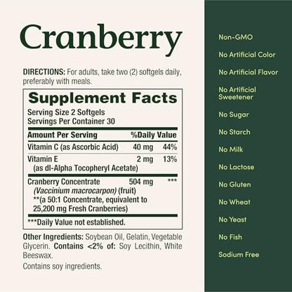 Cranberry Konzentrat mit Vitamin C von Nature's Bounty – Nahrungsergänzungsmittel für Harnwegs- und Immunsystem – 25200 mg, 60 Rapid Release Softgels
