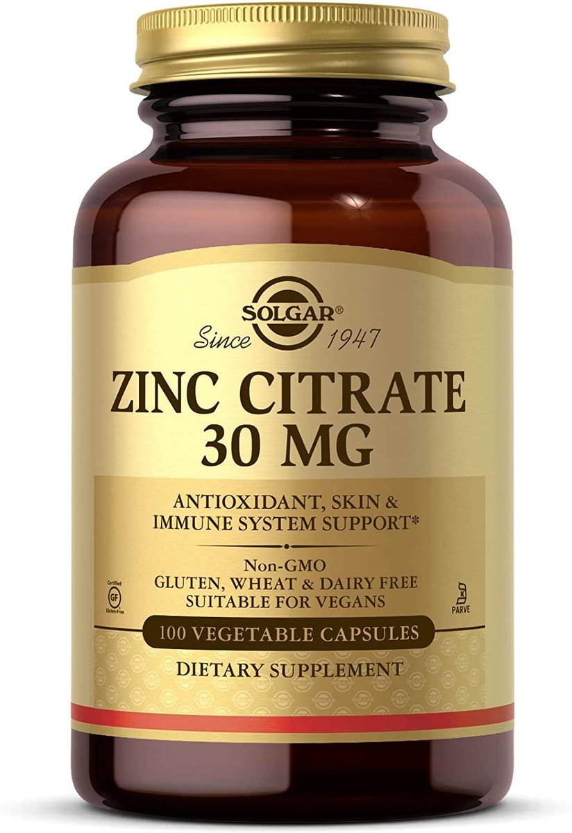 Solgar Zinkcitrat Kapseln, 100 Stück - Nicht-GVO, glutenfrei, koscher - Unterstützt Immunsystem, gesunde Haut und Augen
