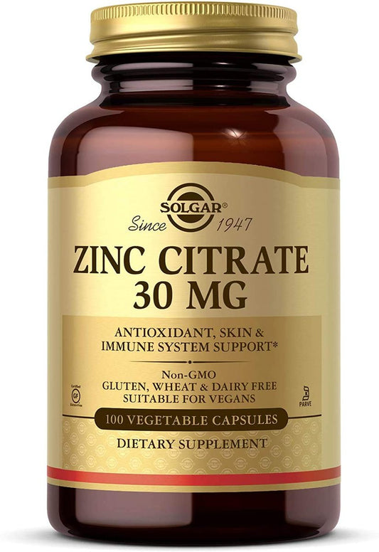 Solgar Zinkcitrat Kapseln, 100 Stück - Nicht-GVO, glutenfrei, koscher - Unterstützt Immunsystem, gesunde Haut und Augen