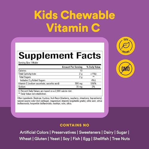 Natural Factors, Kautabletten Vitamin C 500 mg für Kinder, Unterstützt Immunsystem, Knochen, Zähne und Zahnfleisch, Heidelbeere, Himbeere und Boysenbeere, 90 Kautabletten (1er Pack)
