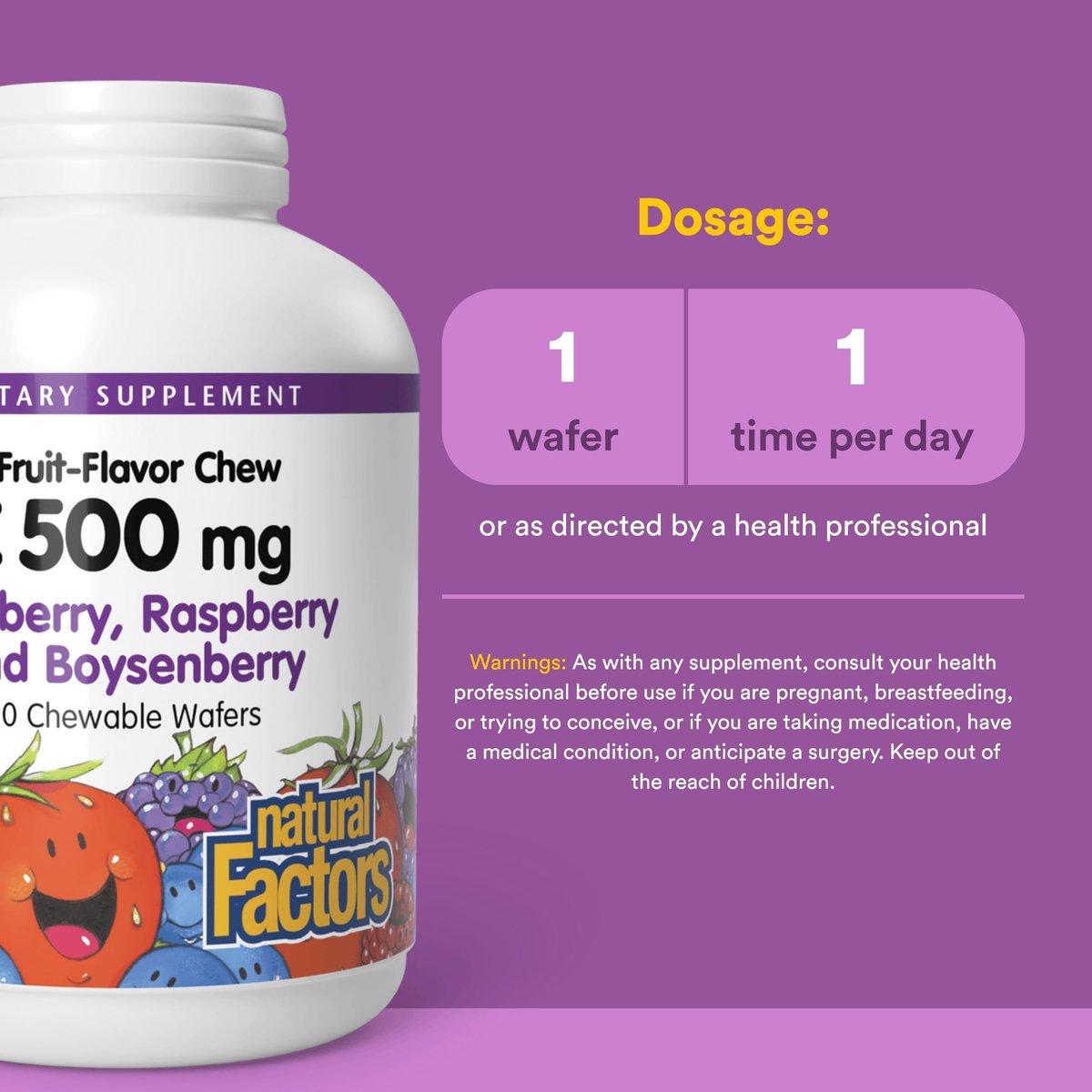 Natural Factors, Kautabletten Vitamin C 500 mg für Kinder, Unterstützt Immunsystem, Knochen, Zähne und Zahnfleisch, Heidelbeere, Himbeere und Boysenbeere, 90 Kautabletten (1er Pack)