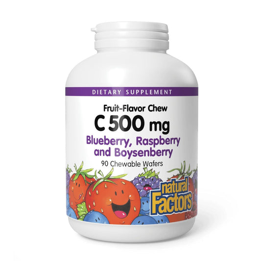 Natural Factors, Kautabletten Vitamin C 500 mg für Kinder, Unterstützt Immunsystem, Knochen, Zähne und Zahnfleisch, Heidelbeere, Himbeere und Boysenbeere, 90 Kautabletten (1er Pack)