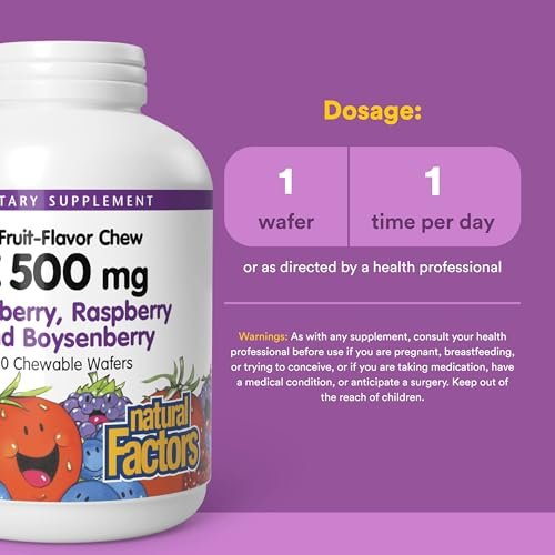Natural Factors, Kautabletten Vitamin C 500 mg für Kinder, Unterstützt Immunsystem, Knochen, Zähne und Zahnfleisch, Heidelbeere, Himbeere und Boysenbeere, 90 Kautabletten (1er Pack)