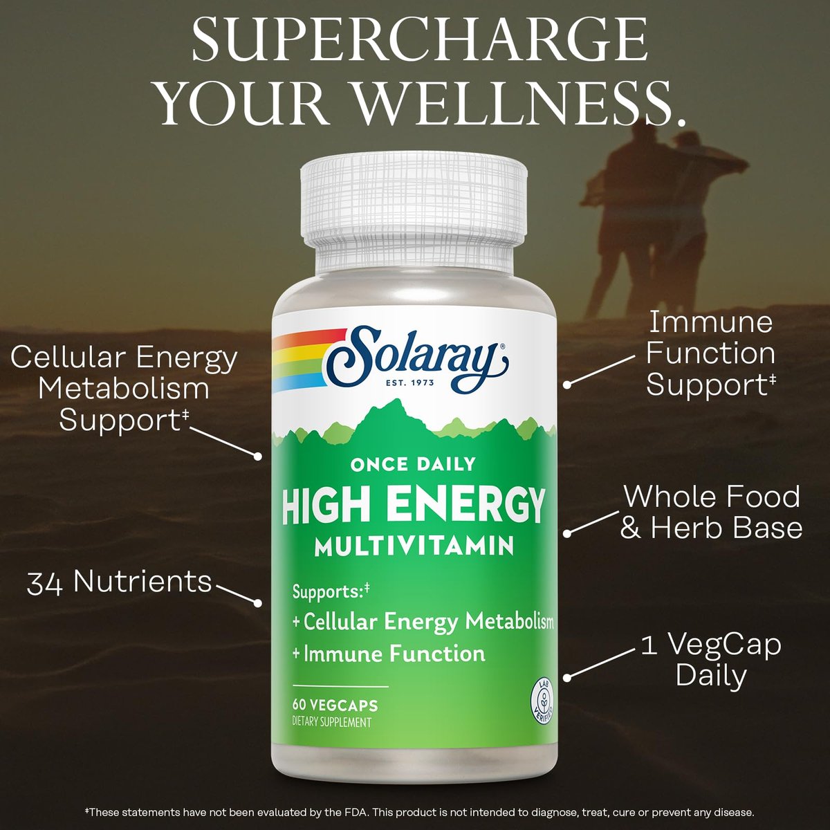 SOLARAY Once Daily High Energy Multivitamin für Männer und Frauen – mit Vitamin C, Vitamin D und Vollwertkräuterbasis – Unterstützung des Zellstoffwechsels und der Immunfunktion – 60 Portionen, 60 VegCap