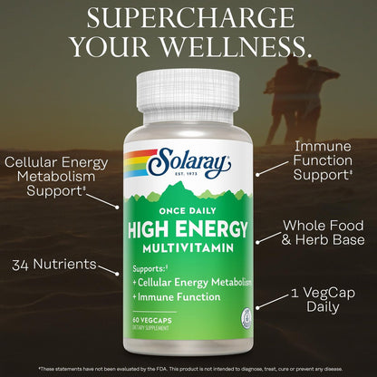 SOLARAY Once Daily High Energy Multivitamin für Männer und Frauen – mit Vitamin C, Vitamin D und Vollwertkräuterbasis – Unterstützung des Zellstoffwechsels und der Immunfunktion – 60 Portionen, 60 VegCap