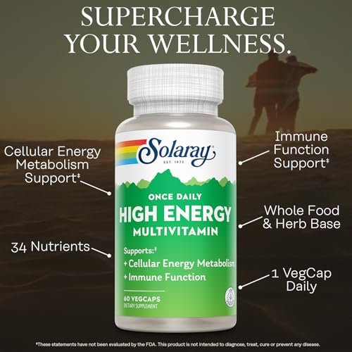 SOLARAY Once Daily High Energy Multivitamin für Männer und Frauen – mit Vitamin C, Vitamin D und Vollwertkräuterbasis – Unterstützung des Zellstoffwechsels und der Immunfunktion – 60 Portionen, 60 VegCap