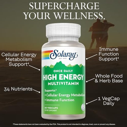 SOLARAY Once Daily High Energy Multivitamin für Männer und Frauen – mit Vitamin C, Vitamin D und Vollwertkräuterbasis – Unterstützung des Zellstoffwechsels und der Immunfunktion – 60 Portionen, 60 VegCap