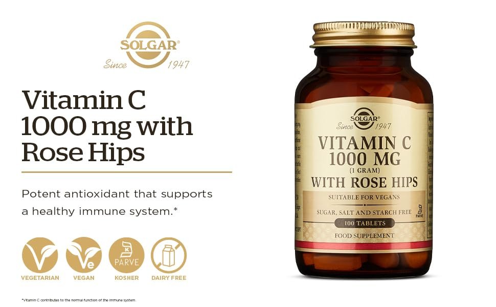 Solgar Vitamin C 1000 mg mit Hagebutten, 250 Tabletten - Antioxidans & Immununterstützung - Allgemeine Gesundheit - Unterstützt gesunde Haut & Gelenke - Nicht-GVO, Vegan und Koscher - 250 Portionen