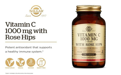 Solgar Vitamin C 1000 mg mit Hagebutten, 250 Tabletten - Antioxidans & Immununterstützung - Allgemeine Gesundheit - Unterstützt gesunde Haut & Gelenke - Nicht-GVO, Vegan und Koscher - 250 Portionen