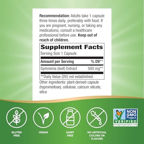 Nature's Way Gymnema Premium Extract – Unterstützt den Kohlenhydratstoffwechsel*, 500 mg pro Portion, Non-GMO Project verifiziert, 60 vegane Kapseln