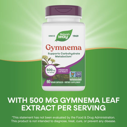 Nature's Way Gymnema Premium Extract – Unterstützt den Kohlenhydratstoffwechsel*, 500 mg pro Portion, Non-GMO Project verifiziert, 60 vegane Kapseln