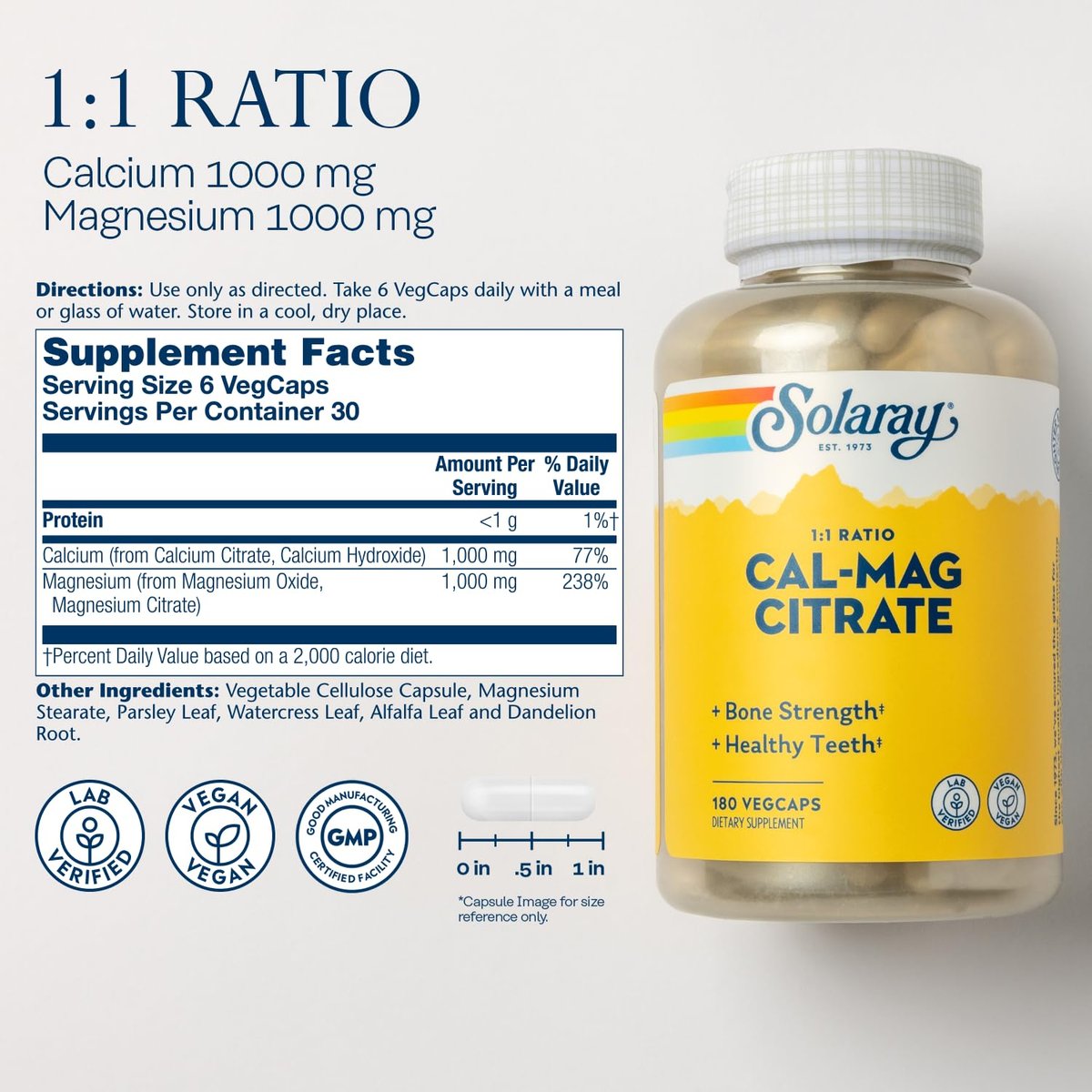 Solaray Calcium Magnesium Citrat 1000mg 1:1 Verhältnis – Knochenstärke, Muskel- und Nervensystemunterstützung, 180 Veggie-Kapseln