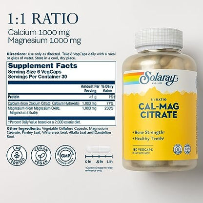 Solaray Calcium Magnesium Citrat 1000mg 1:1 Verhältnis – Knochenstärke, Muskel- und Nervensystemunterstützung, 180 Veggie-Kapseln