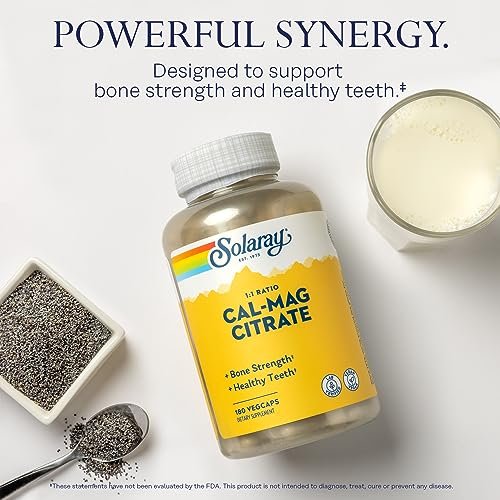 Solaray Calcium Magnesium Citrat 1000mg 1:1 Verhältnis – Knochenstärke, Muskel- und Nervensystemunterstützung, 180 Veggie-Kapseln