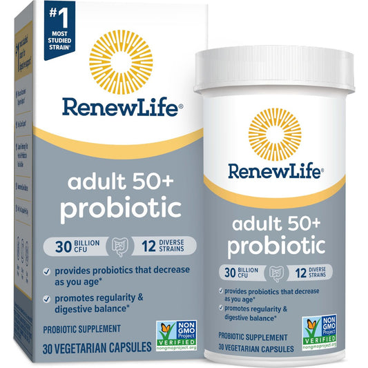Renew Life Probiotic 50 Plus – Tägliche Unterstützung für Verdauung, Immunsystem und Harnwege, 30 Milliarden KBE, 30 Kapseln